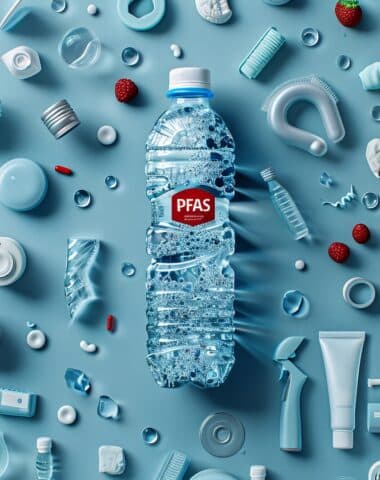 Drinking contaminated water, warning sign PFAS, concept of protection and survival, toxicity, health risk, banner