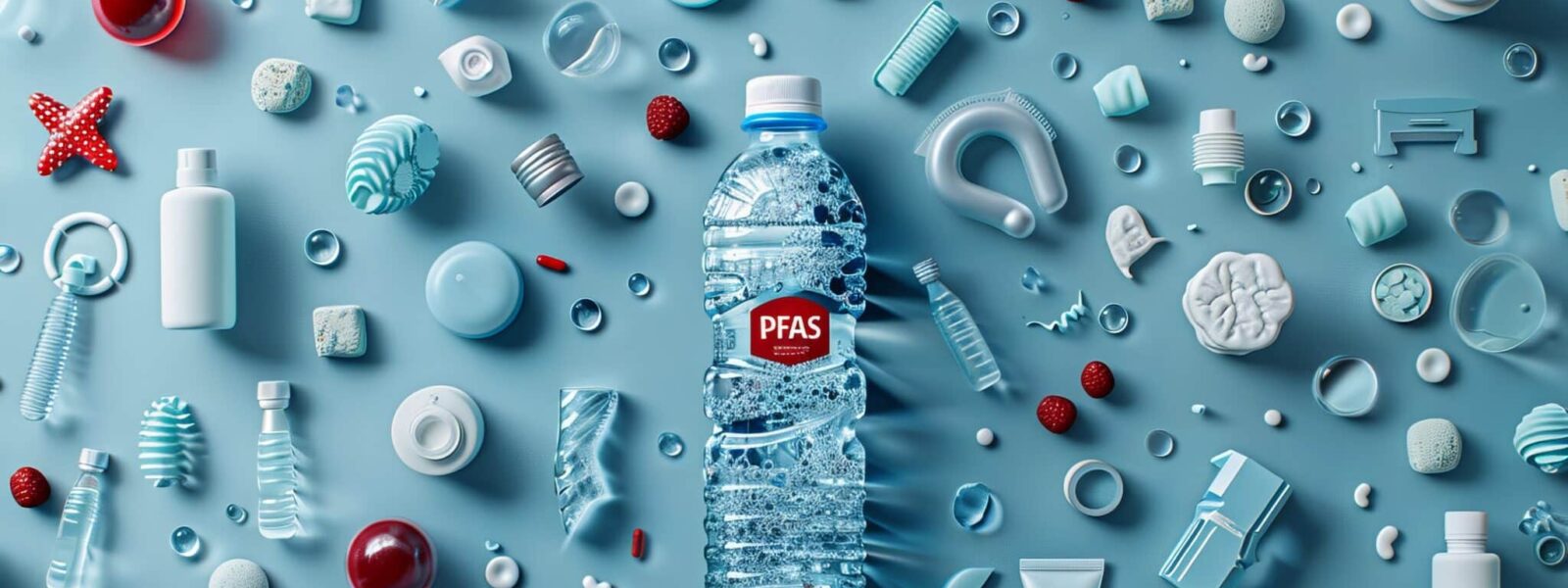 Drinking contaminated water, warning sign PFAS, concept of protection and survival, toxicity, health risk, banner