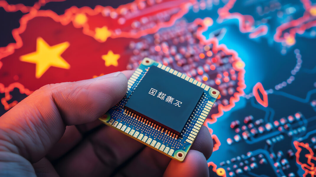 A hand holding a&nbsp;microchip above a&nbsp;digital map highlighting China