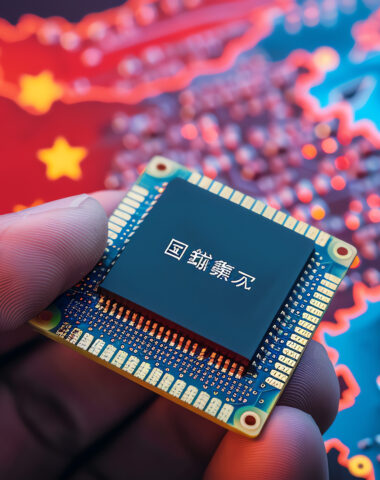 A hand holding a&nbsp;microchip above a&nbsp;digital map highlighting China