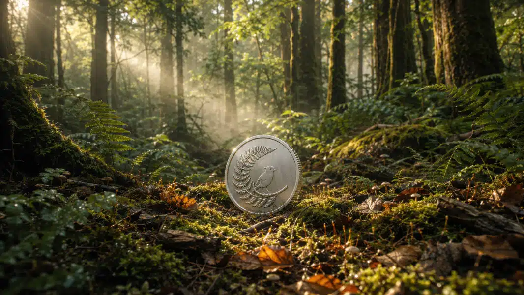 Silver coin featuring fern and bird design rests forest floor surrounded by lush greenery and soft sunlight filtering through trees, evoking sense