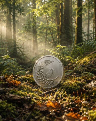 Silver coin featuring fern and bird design rests forest floor surrounded by lush greenery and soft sunlight filtering through trees, evoking sense
