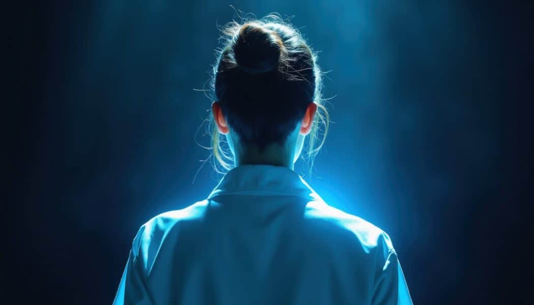 Woman in white lab coat stands facing dark background. Professional scientist doctor looks ahead with bright blue light glow on hair, shoulder. Female expert person in medical uniform poses&nbsp;for