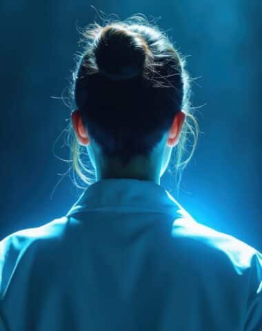 Woman in white lab coat stands facing dark background. Professional scientist doctor looks ahead with bright blue light glow on hair, shoulder. Female expert person in medical uniform poses&nbsp;for