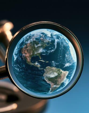 Detailed view of the planet earth seen through a&nbsp;magnifying glass focusing on continents and ocean highlighting geography and environment in scientific study