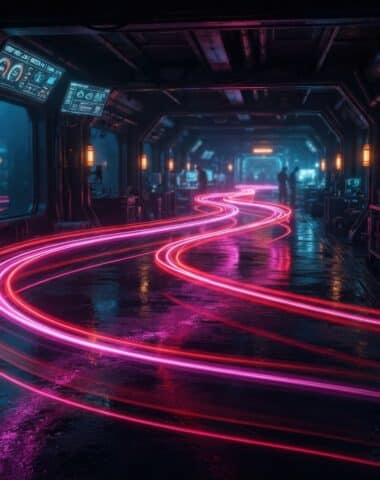 Stunning 3D sci-fi corridor featuring vibrant neon light trails and high-tech futuristic design perfect for video game backgrounds, digital art, and marketing visuals.
