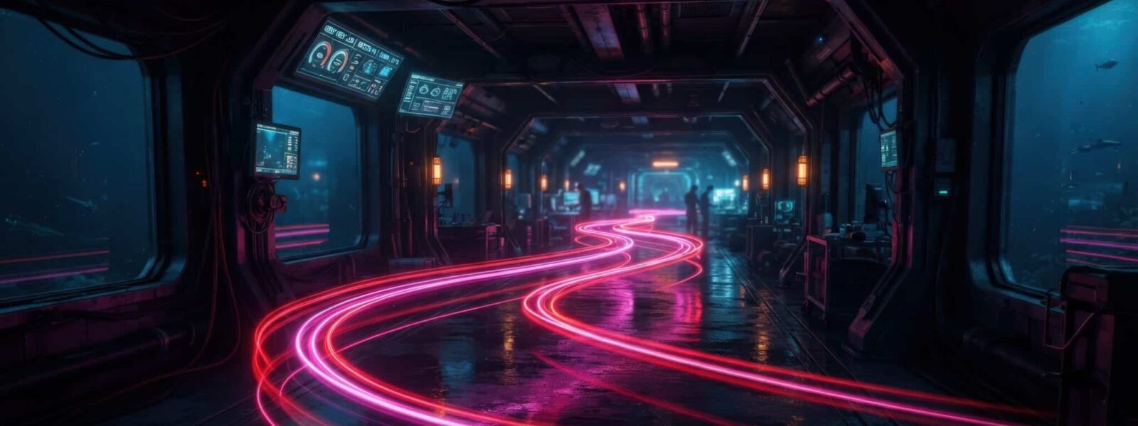 Stunning 3D sci-fi corridor featuring vibrant neon light trails and high-tech futuristic design perfect for video game backgrounds, digital art, and marketing visuals.