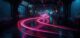 Stunning 3D sci-fi corridor featuring vibrant neon light trails and high-tech futuristic design perfect for video game backgrounds, digital art, and marketing visuals.