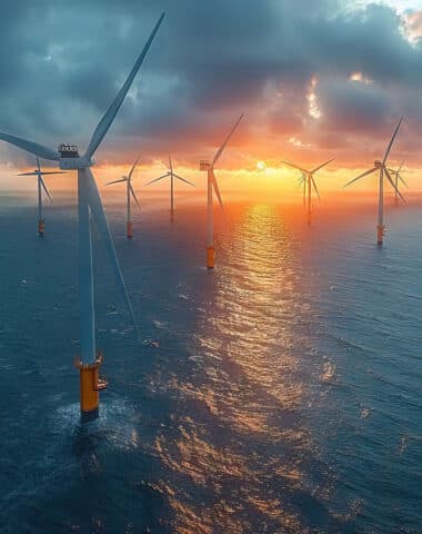 Aerial View of Floating Wind Turbines at Sunset