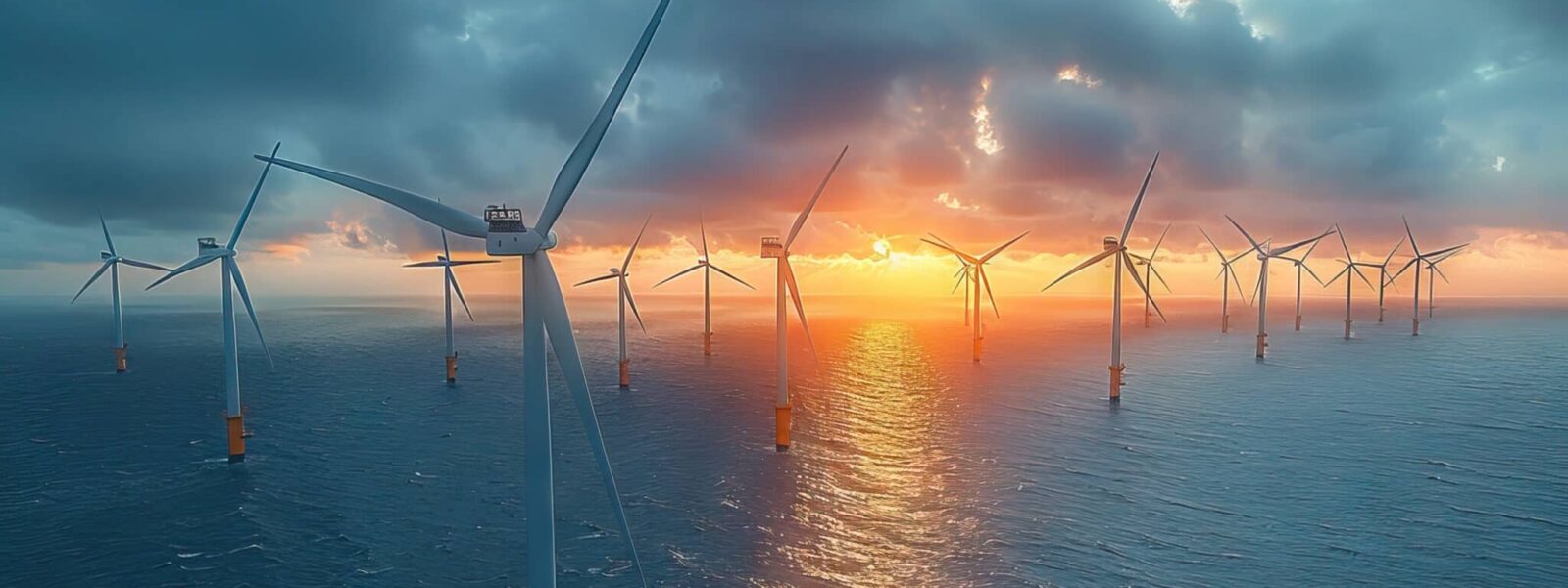 Aerial View of Floating Wind Turbines at Sunset