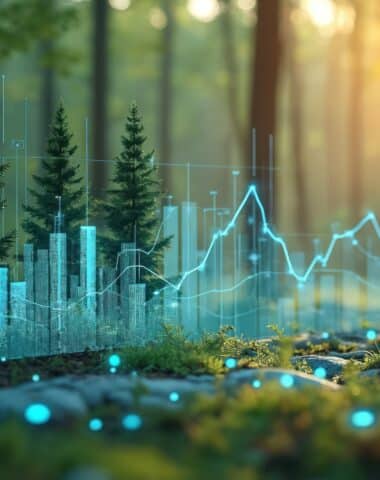 Digital forest data analysis with glowing charts and bar graphs. Abstract concept of environmental economics finance and tech, showing growth and trends in nature.