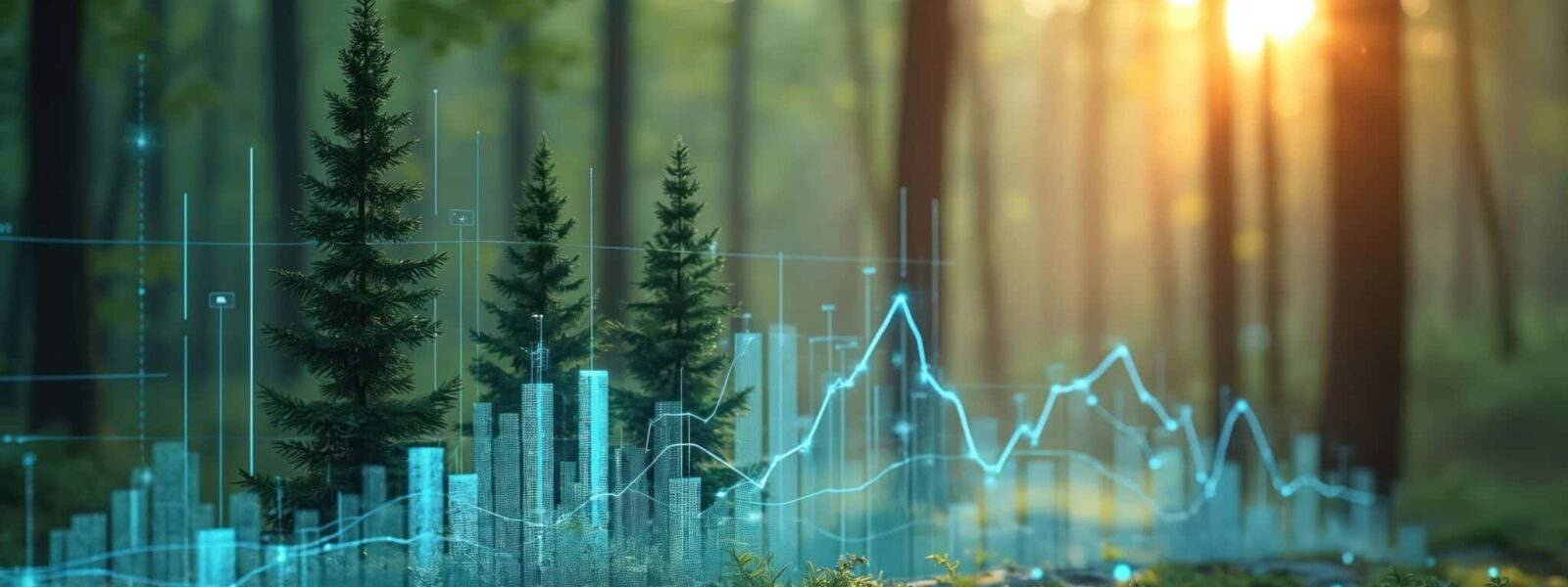 Digital forest data analysis with glowing charts and bar graphs. Abstract concept of environmental economics finance and tech, showing growth and trends in nature.