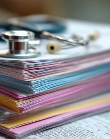 Stack of medical journals and research papers on a&nbsp;desk with organized scientific literature and healthcare publications for professional study and medical research