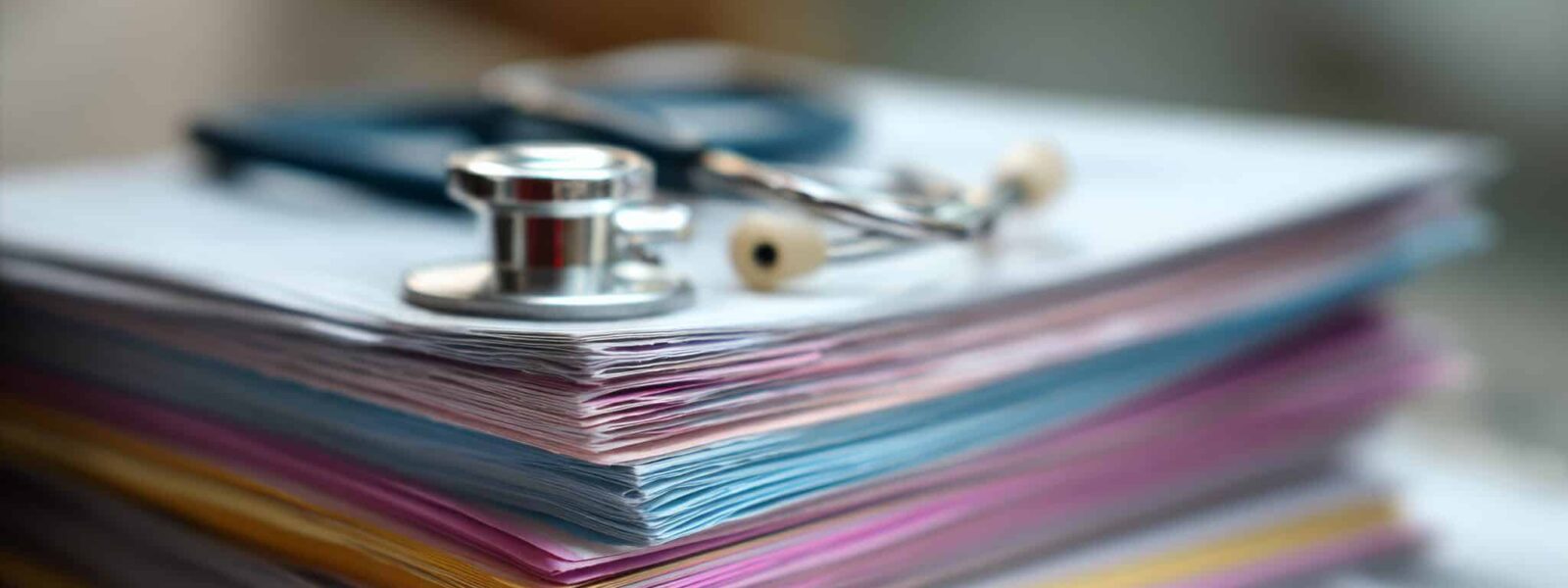 Stack of medical journals and research papers on a&nbsp;desk with organized scientific literature and healthcare publications for professional study and medical research