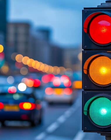 Traffic signal light on city street with urban background