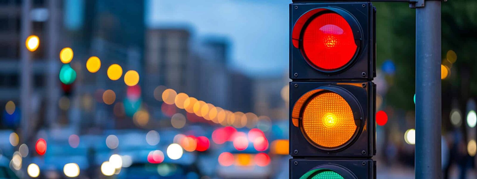 Traffic signal light on city street with urban background
