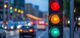 Traffic signal light on city street with urban background