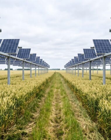 Rows of elevated solar panels stand over a&nbsp;ripening wheat field in a&nbsp;sustainable agrivoltaics farm.