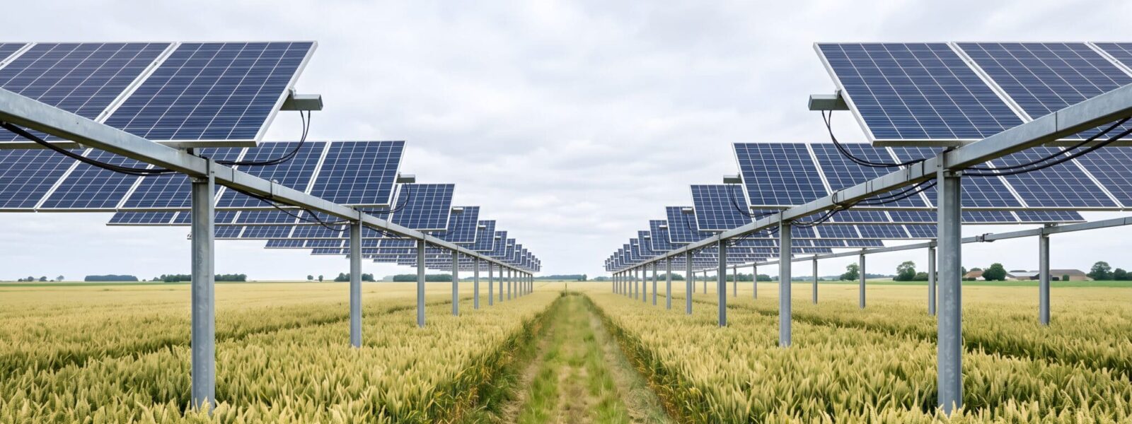 Rows of elevated solar panels stand over a&nbsp;ripening wheat field in a&nbsp;sustainable agrivoltaics farm.