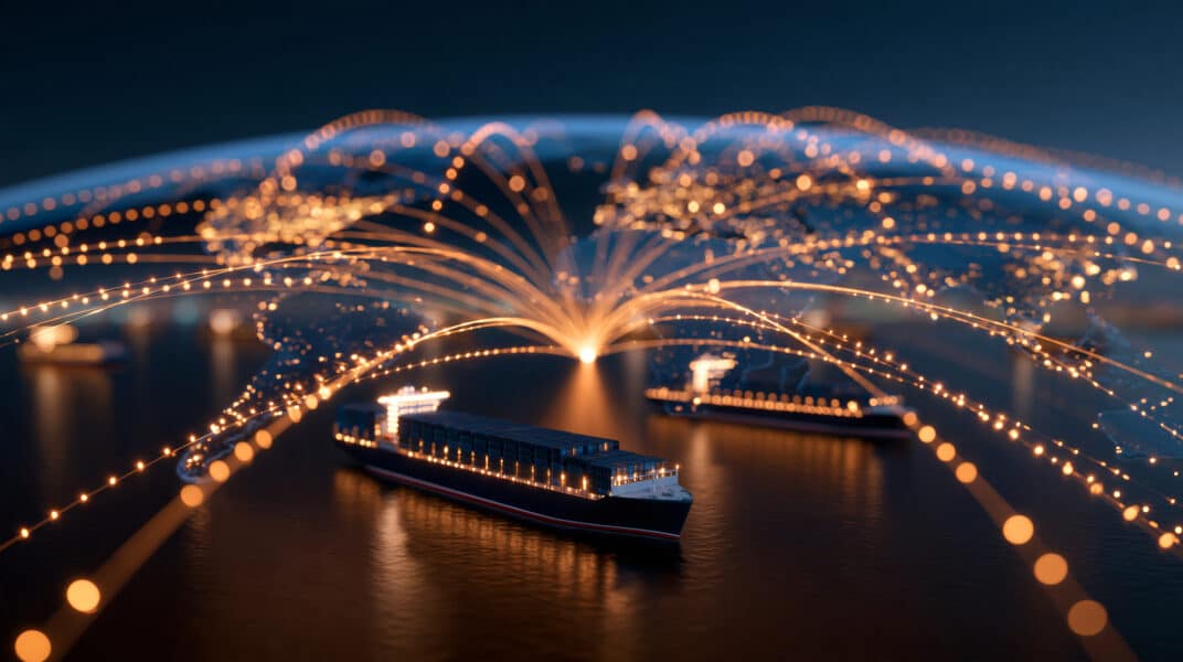 Conceptual illustration of global energy trade routes, stylized world map with glowing shipping lanes converging through a&nbsp;narrow strategic maritime chokepoint, abstract geopolitic
