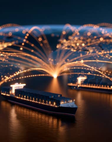 Conceptual illustration of global energy trade routes, stylized world map with glowing shipping lanes converging through a&nbsp;narrow strategic maritime chokepoint, abstract geopolitic