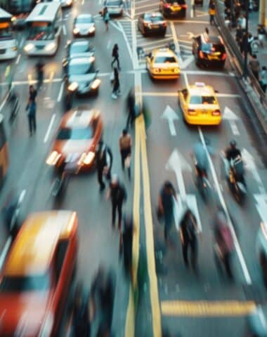 A busy city street with people commuting to work during rush&nbsp;hour