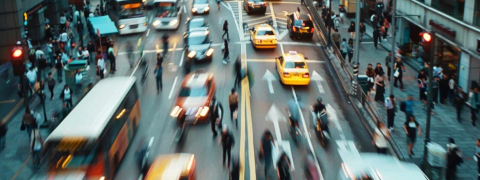 A busy city street with people commuting to work during rush&nbsp;hour